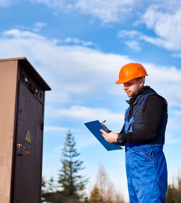 Oil inspector in protective overalls and orange helmet making notes next to a transformer outdoors against blue sky with white clouds. Concept of petroleum industry.